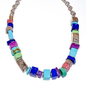 Harold Lujan Signed Necklace w/ Sterling Hand Stamped Beads & Hand Cut Stones